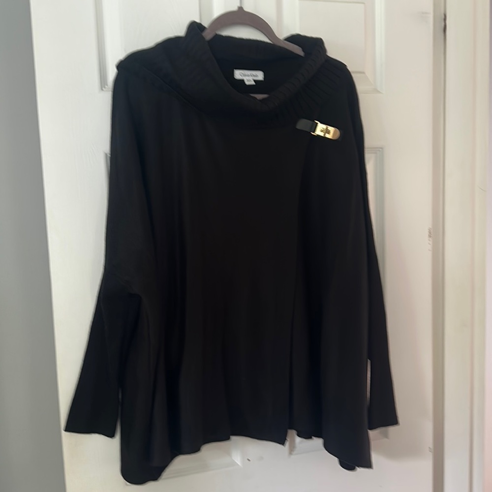 Gently worn black long sleeve sweater cape w/ gold closure-smoke free home